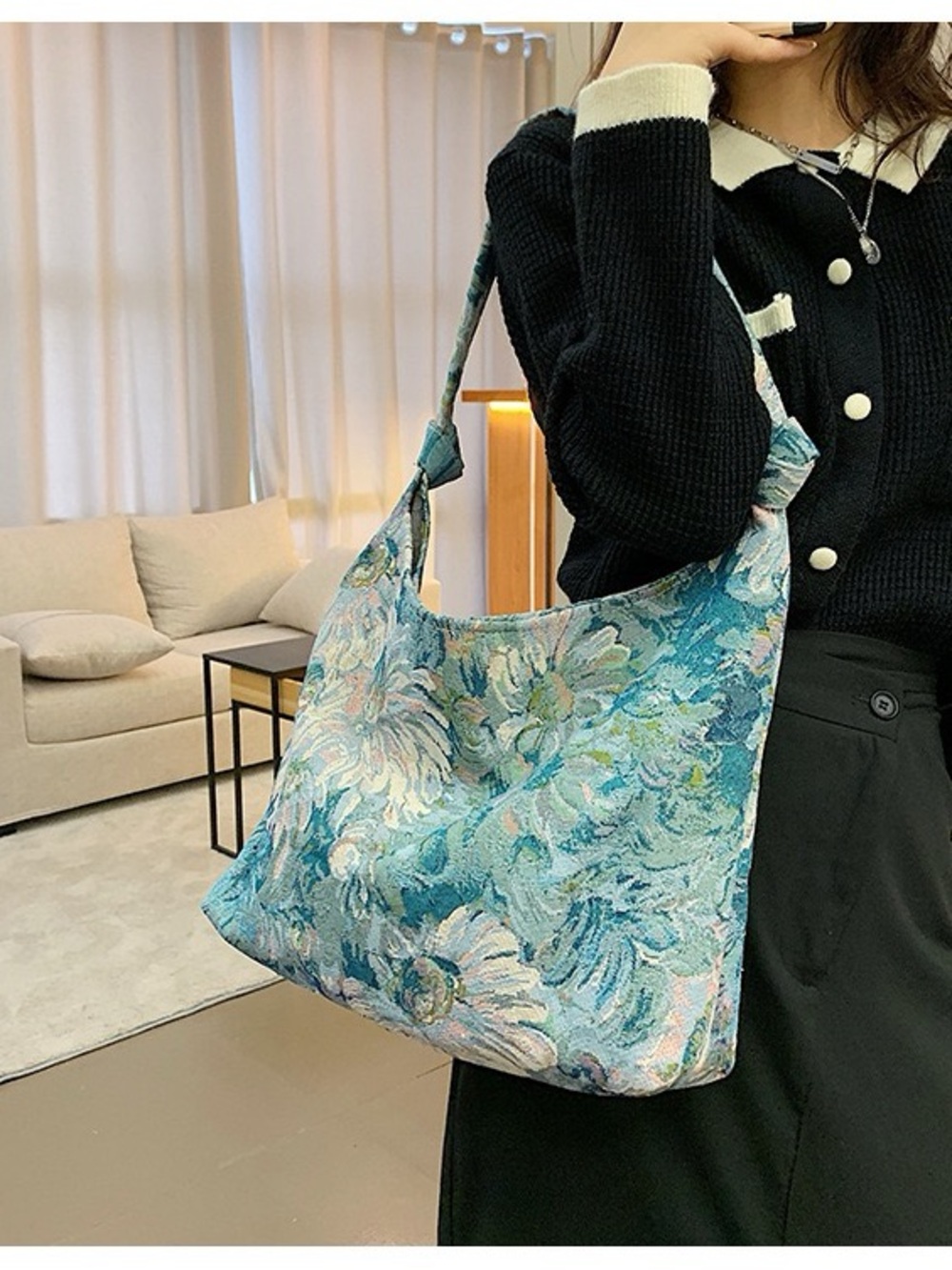 Floral Teal Shoulder Hobo Bag